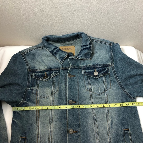 Carbon 70829 Denim Blue Yellowish Wash Distressed Buttoned Trucker Jean Jacket L - Picture 14 of 16